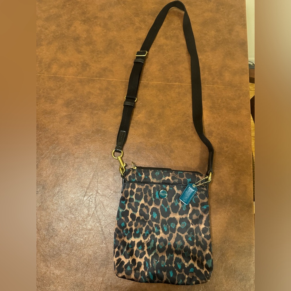 EUC Coach Ocelot Green Nylon North South Crossbody Bag.